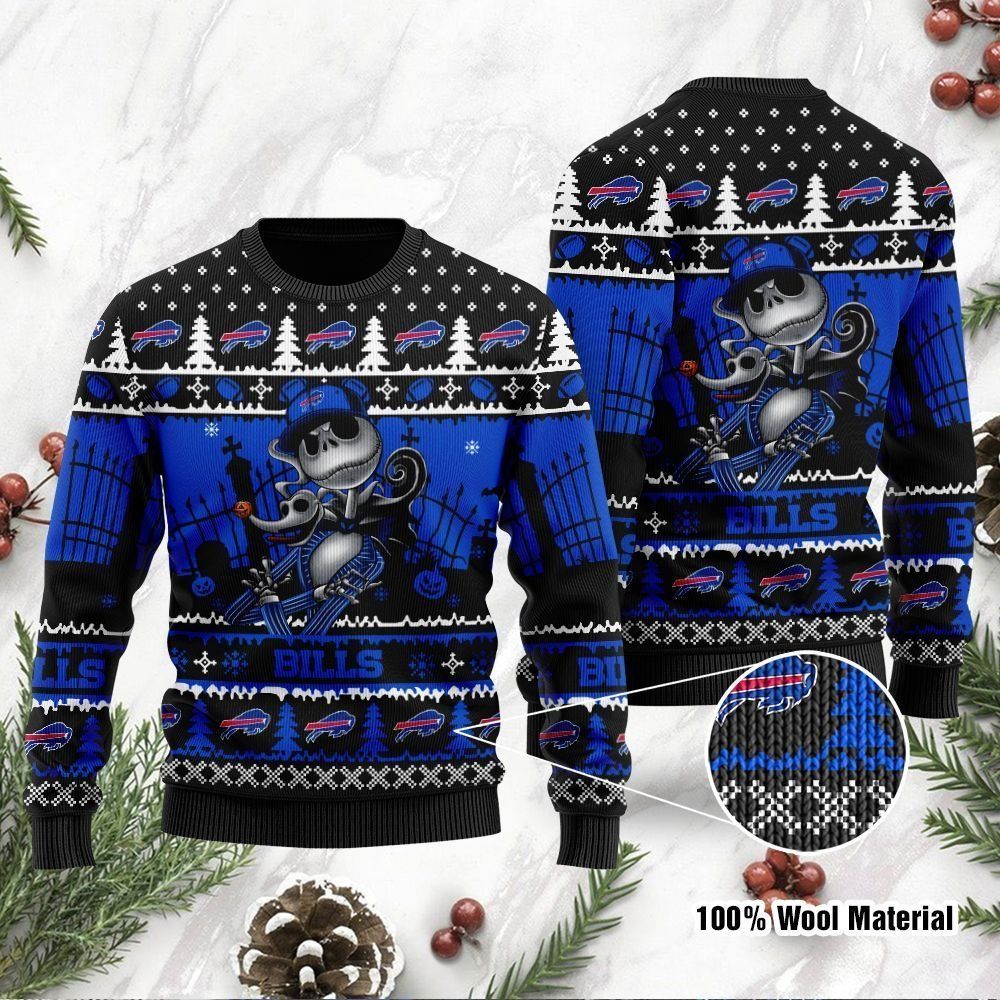 Buffalo Bills Jack Skellington Halloween Ugly Christmas Sweater Holiday Party Men Women Full Plus Size