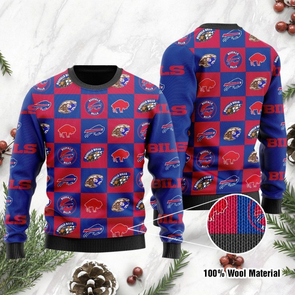 Buffalo Bills Logo Checkered Flannel Design Ugly Christmas Sweater