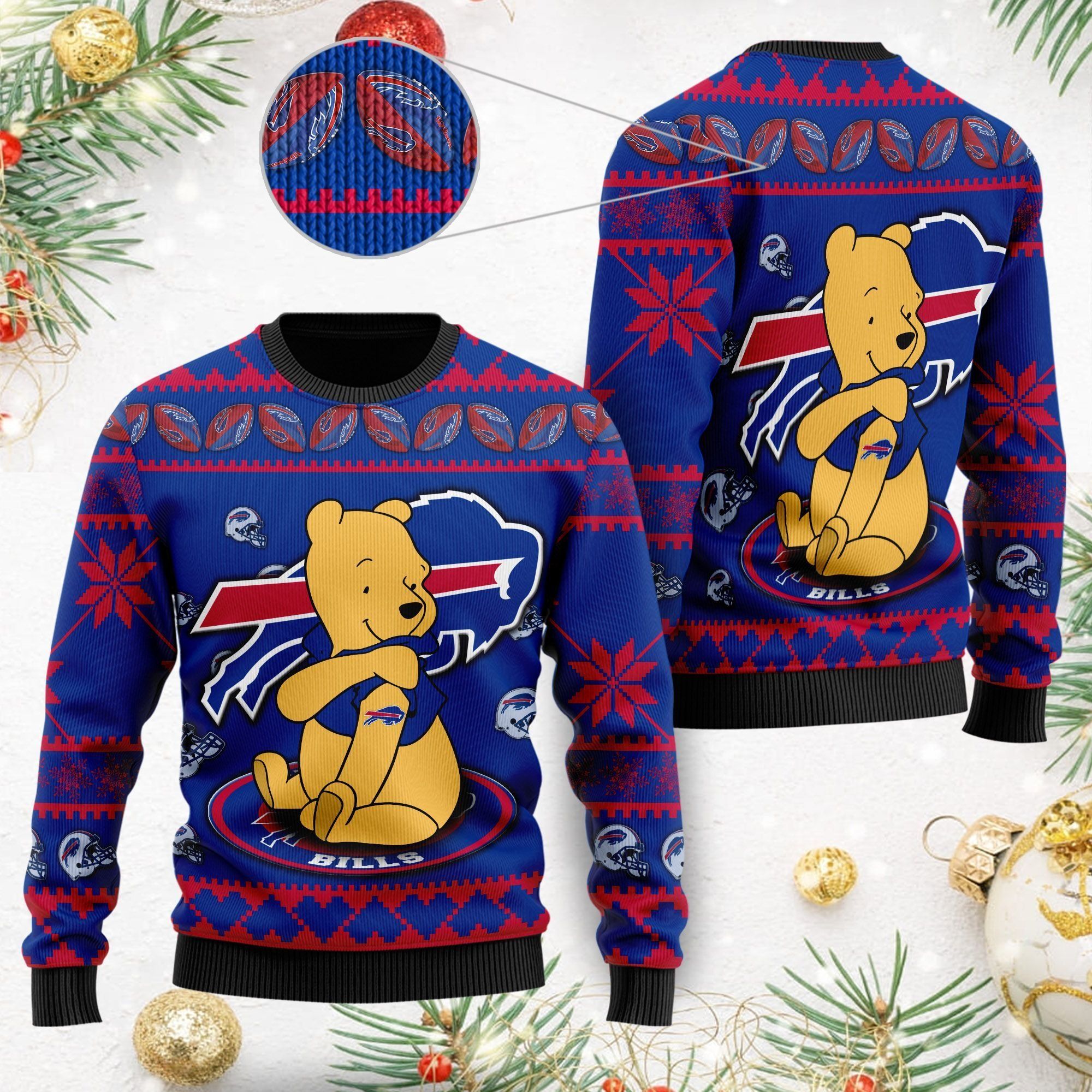Buffalo Bills NFL American Football Team Logo Cute Winnie The Pooh Bear 3D Ugly Christmas Sweater