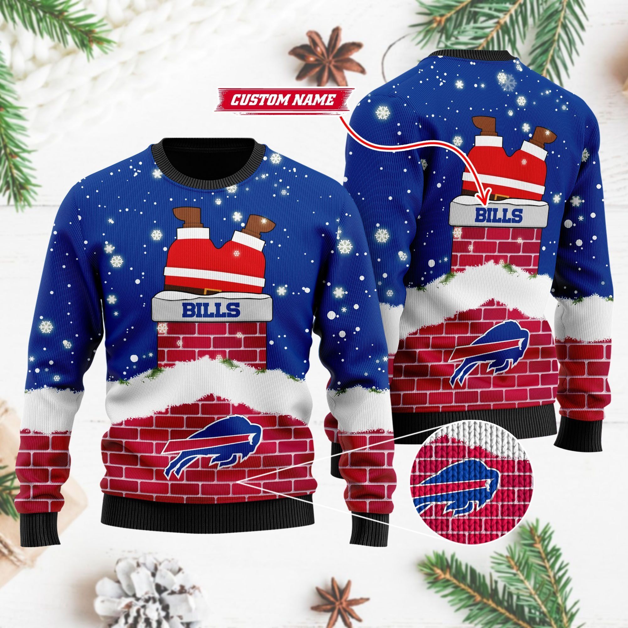 Buffalo Bills NFL Football Team Logo Symbol Santa Claus Custom Name Personalized 3D Ugly Christmas Sweater