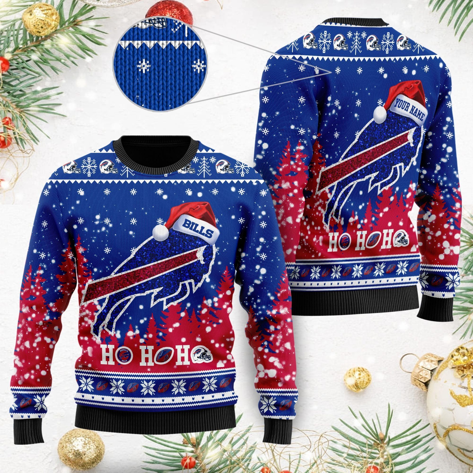 Buffalo Bills Symbol Wearing Santa Claus Hat Cute Pattern Ho Ho Ho Custom Personalized Ugly Christmas Sweater For Football Fans On Xmas Party