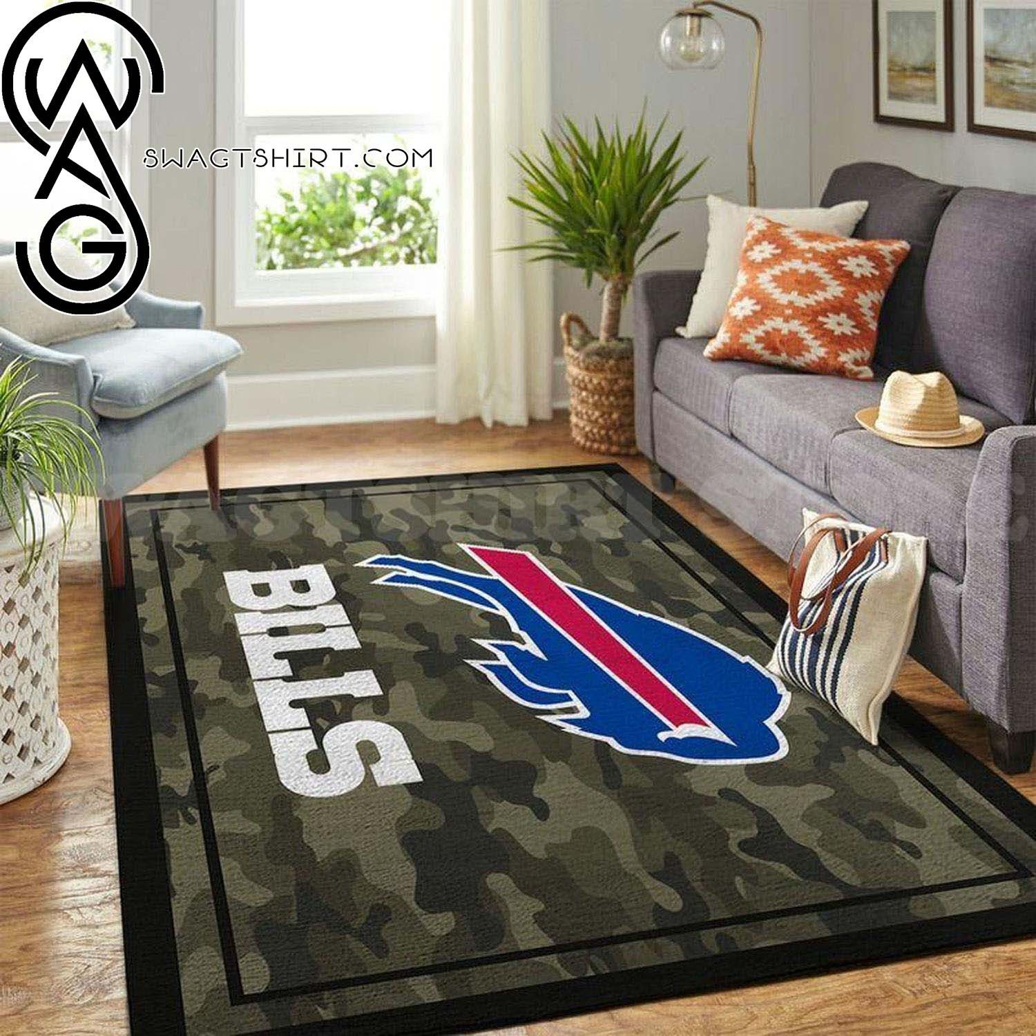 Buffalo Bills Team Logo Camo Style Rectangle Area Rug – Full Print Carpet For Living Room & Bedroom Home Decor