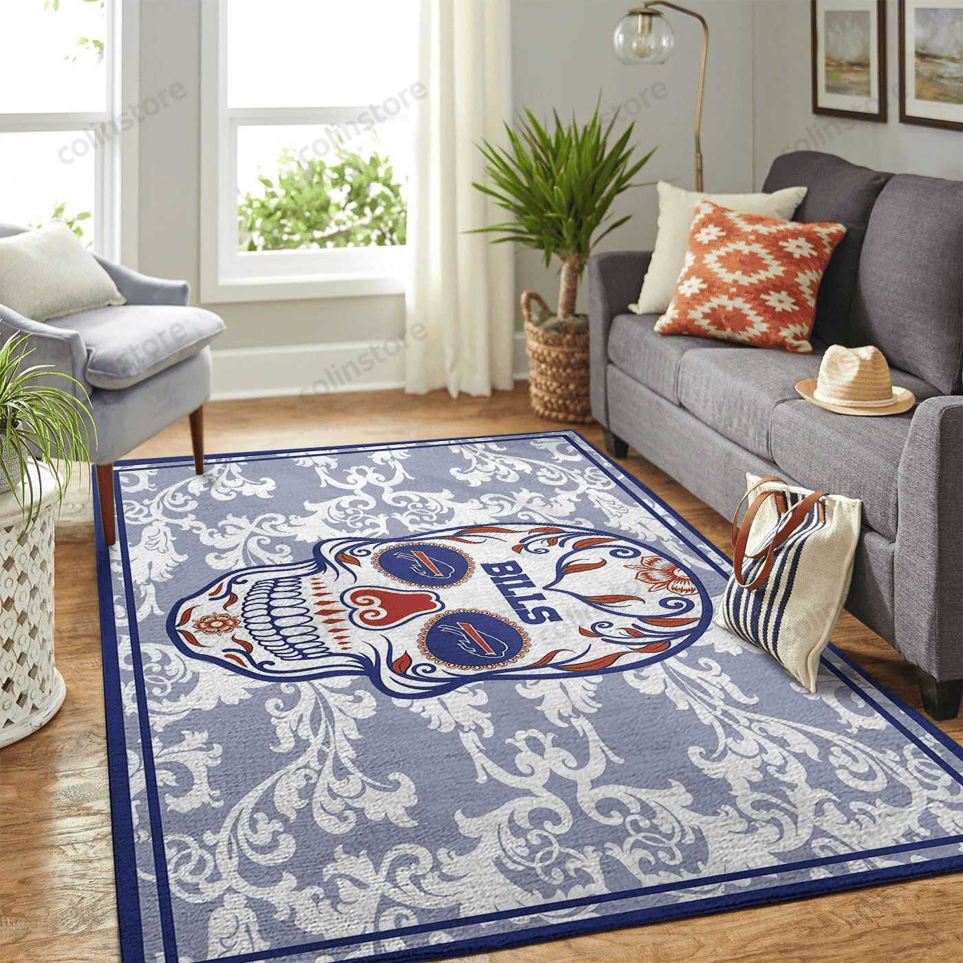 Buffalo Bills Team Logo Skull Flower Rectangle Area Rug – Full Print Carpet For Living Room & Bedroom Home Decor