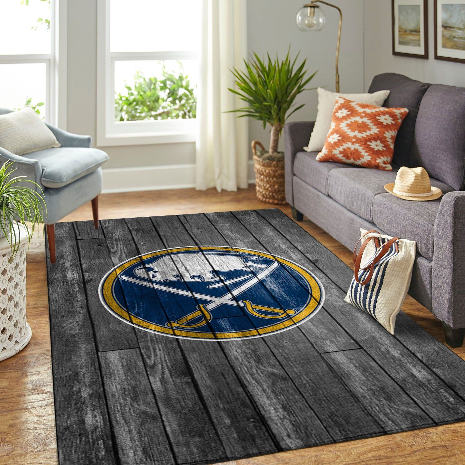 Buffalo Sabres Team Logo Grey Wooden Rectangle Area Rug – Full Print Carpet For Living Room & Bedroom Home Decor