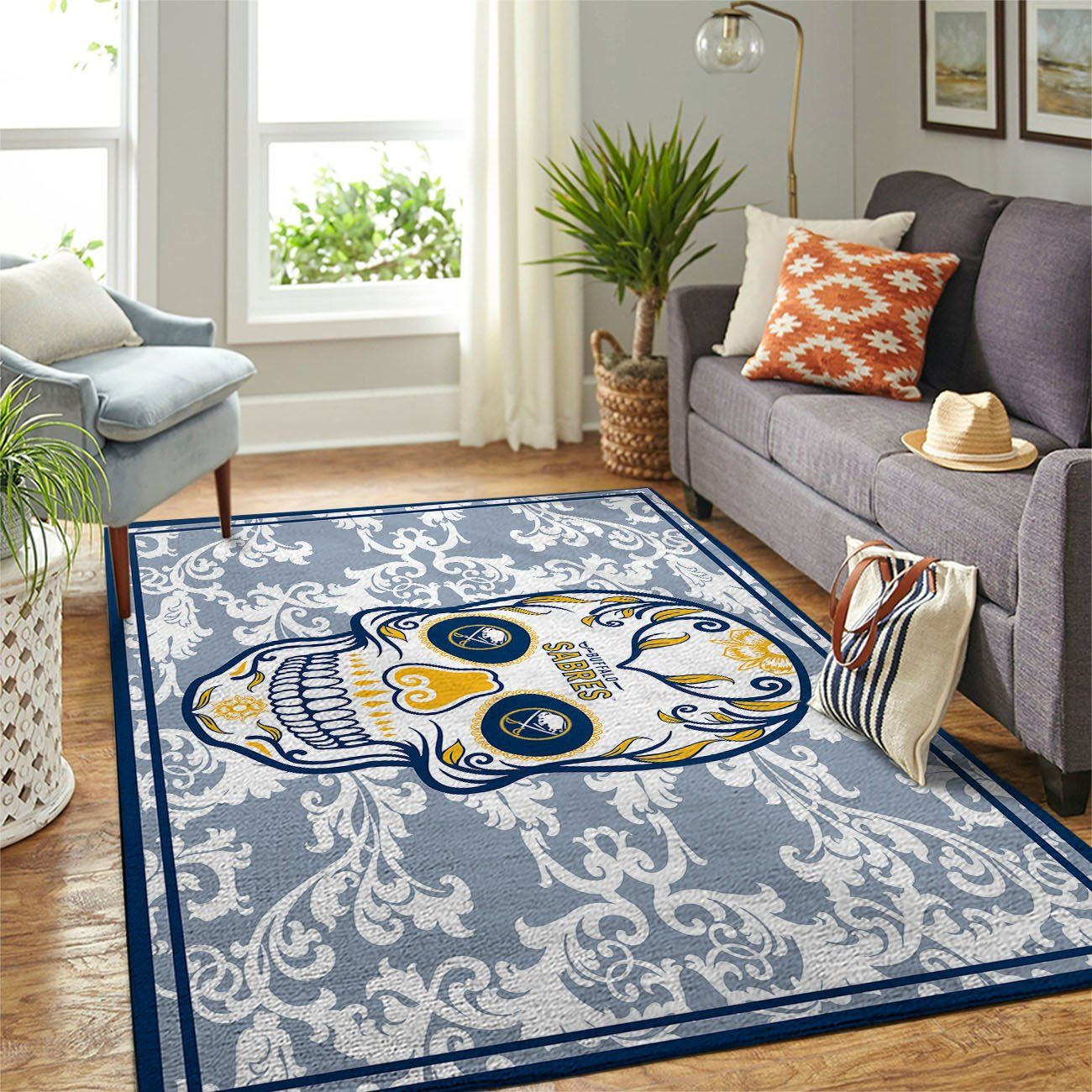 Buffalo Sabres Team Logo Skull Flower Rectangle Area Rug – Full Print Carpet For Living Room & Bedroom Home Decor