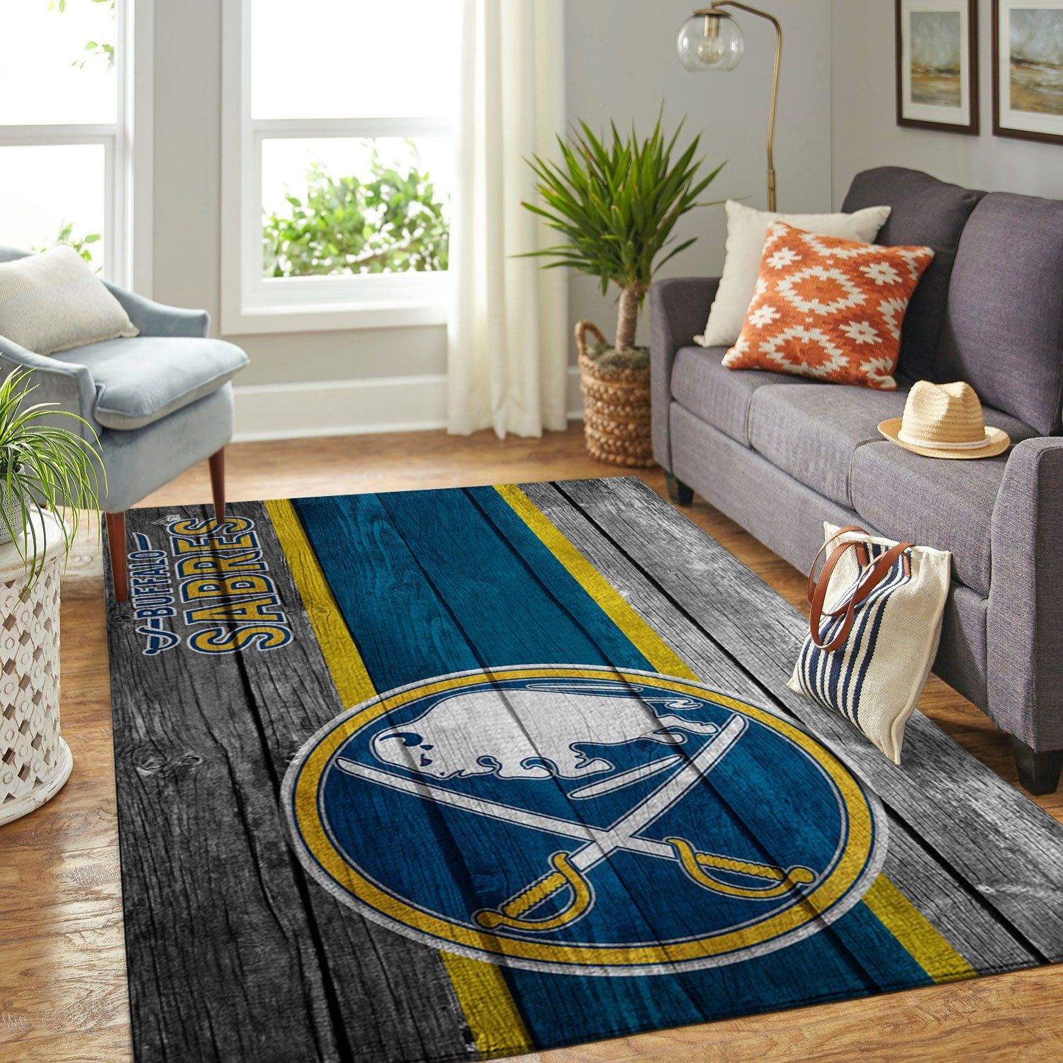 Buffalo Sabres Team Logo Wooden Rectangle Area Rug – Full Print Carpet For Living Room & Bedroom Home Decor