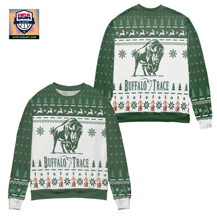 Buffalo Trace Kentucky Straight Bourbon Whiskey Reindeer Pine Tree Pattern Ugly Christmas Sweater White Green