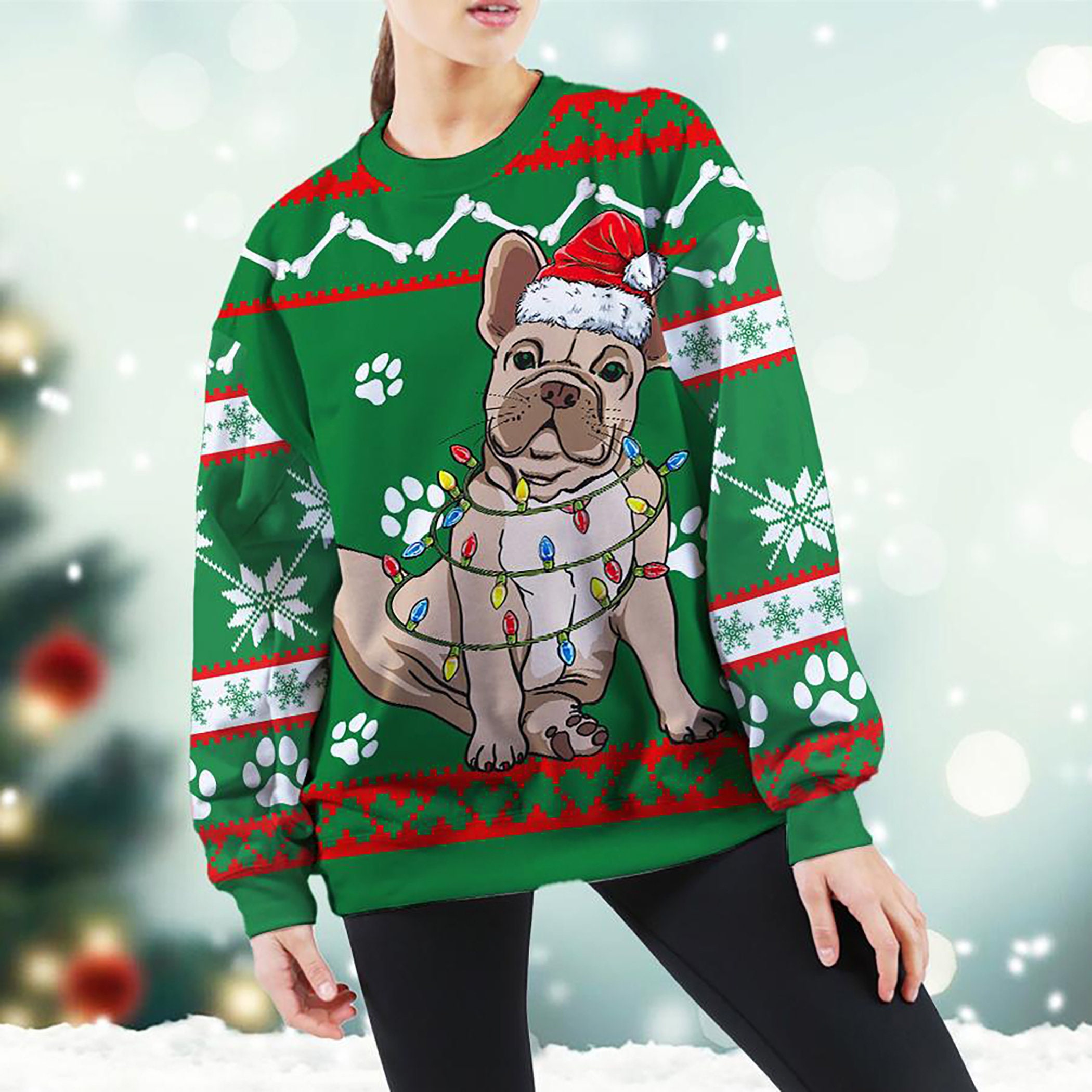 Bulldog Green Ugly Christmas Sweater