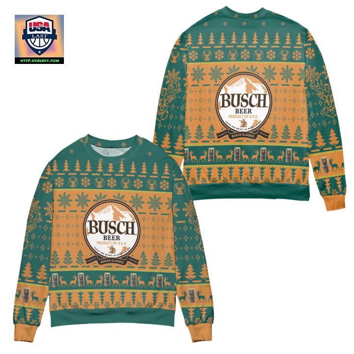 Busch Beer Product Of USA Pine Tree Snowflake Pattern Ugly Christmas Sweater