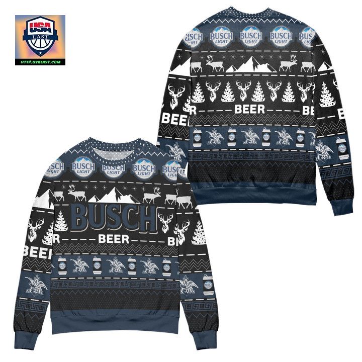 Busch Beer Reindeer Pattern Ugly Christmas Sweater Black Navy