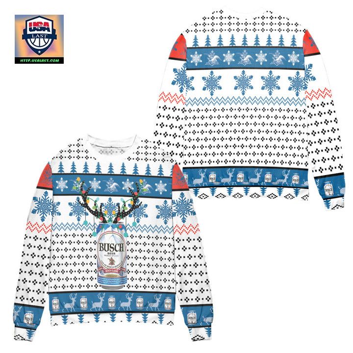 Busch Beer Reindeer Snowflake Pattern Ugly Christmas Sweater White