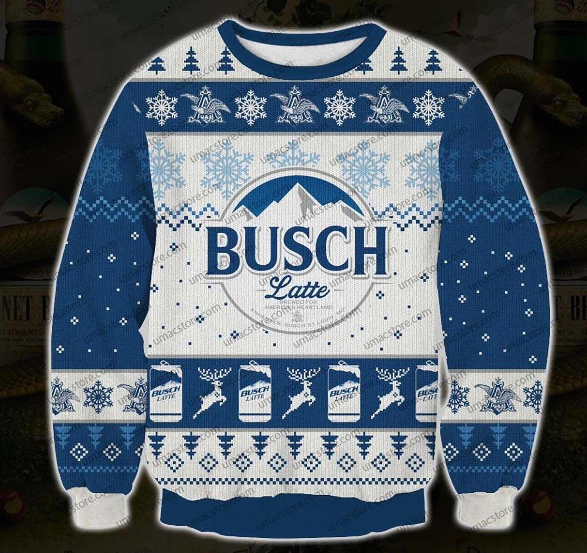 Busch Latte Print Ugly Christmas Sweater