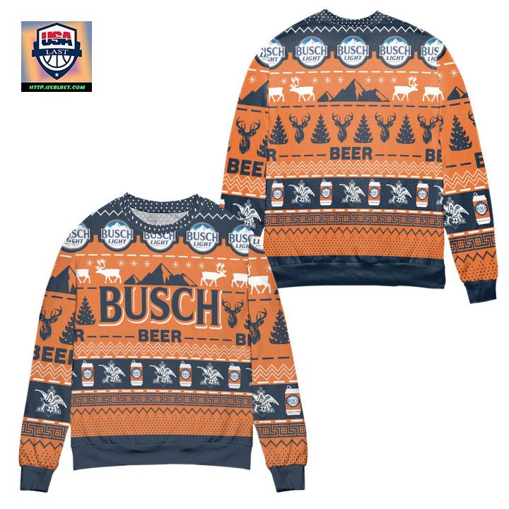 Busch Light Beer Reindeer Pattern Ugly Christmas Sweater Blue Orange