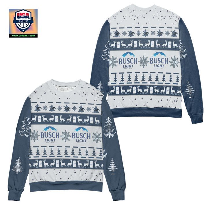 Busch Light Reindeer Pine Tree Pattern Ugly Christmas Sweater Blue
