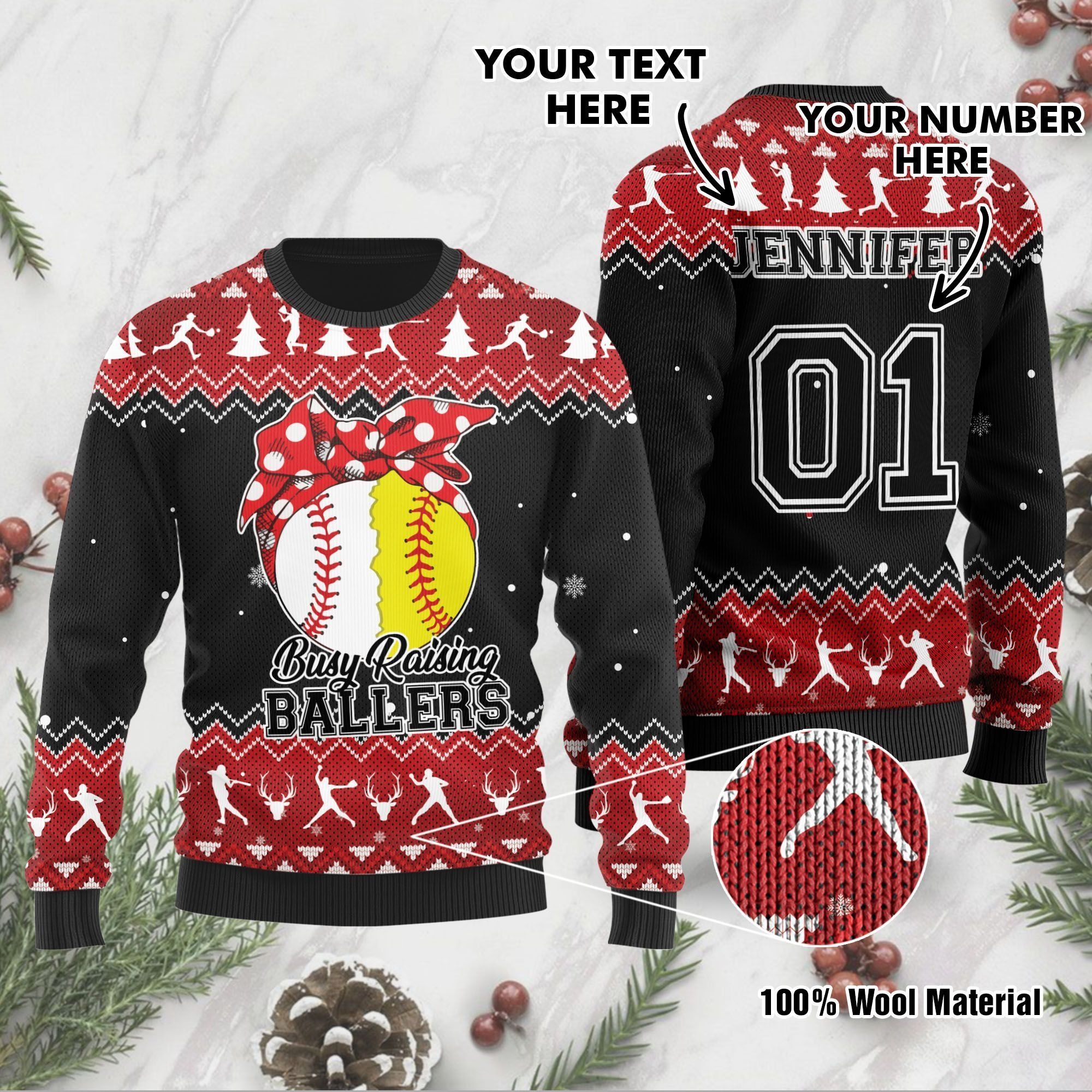 Busy Raising Ballers Baseball And Softball Custom Name And Number Ugly Christmas Sweater For Baseball And Softball Lovers On Christmas Days