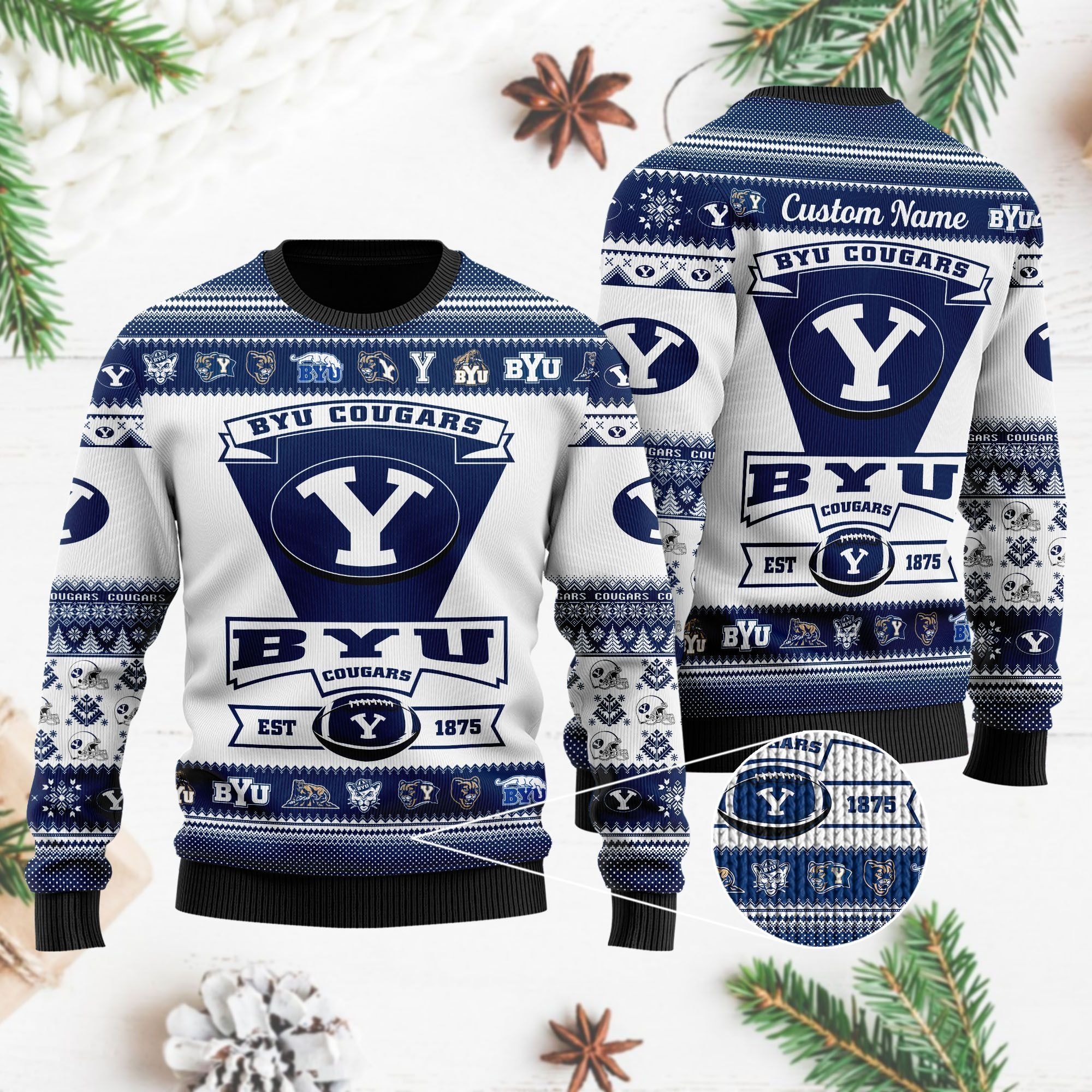 BYU Cougars Football Team Logo Custom Name Personalized Ugly Christmas Sweater Holiday Party Men Women Plus Size