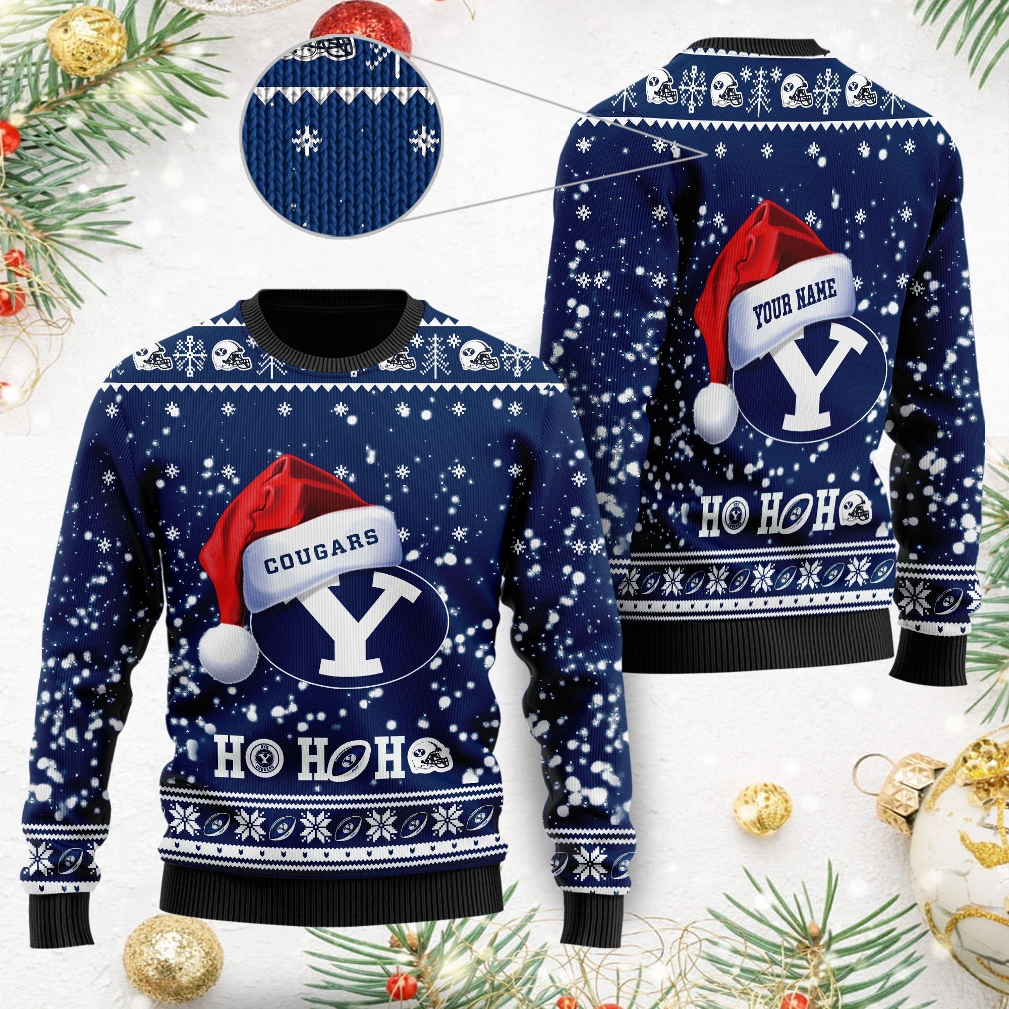 BYU Cougars NCAA Symbol Wearing Santa Claus Hat Cute Pattern Ho Ho Ho Custom Personalized Ugly Christmas Sweater For Football Fans On Xmas Party
