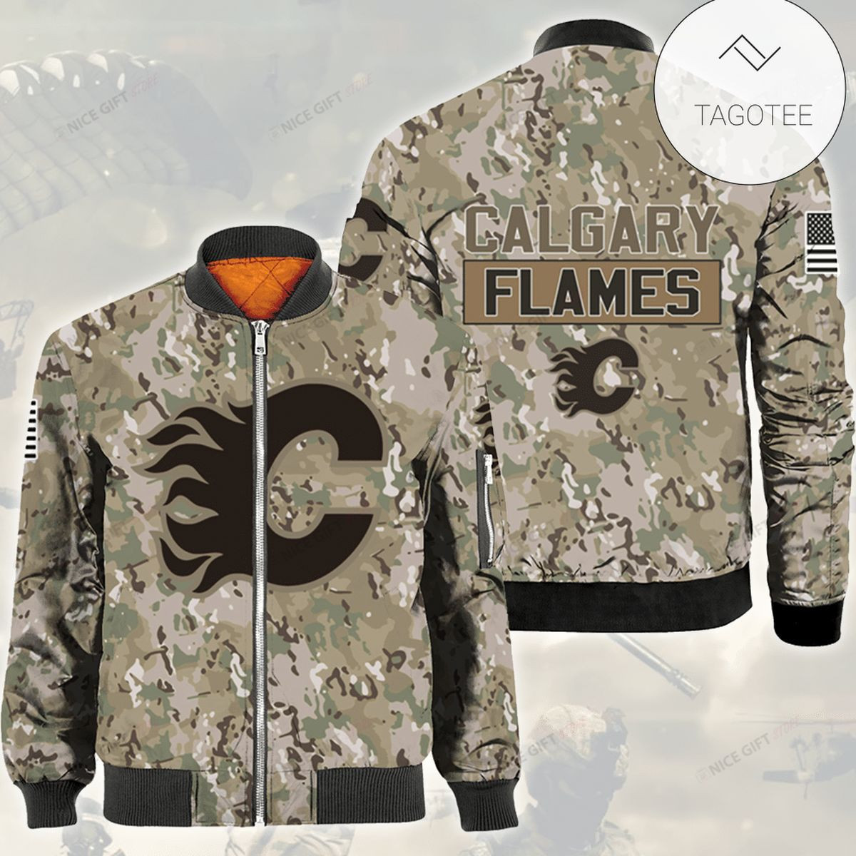 Calgary Flames Camouflage Bomber Jacket | NHL Team Jacket for Men & Women | Hockey Fan Gift