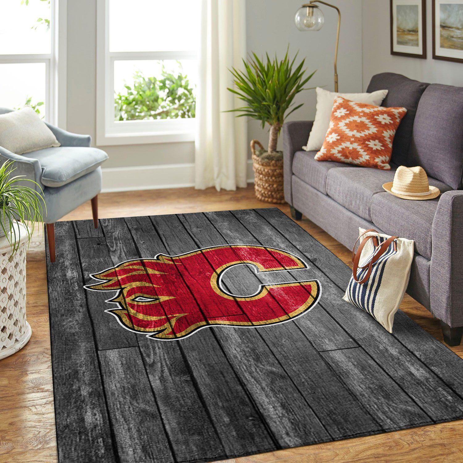 Calgary Flames Team Logo Grey Wooden Rectangle Area Rug – Full Print Carpet For Living Room & Bedroom Home Decor