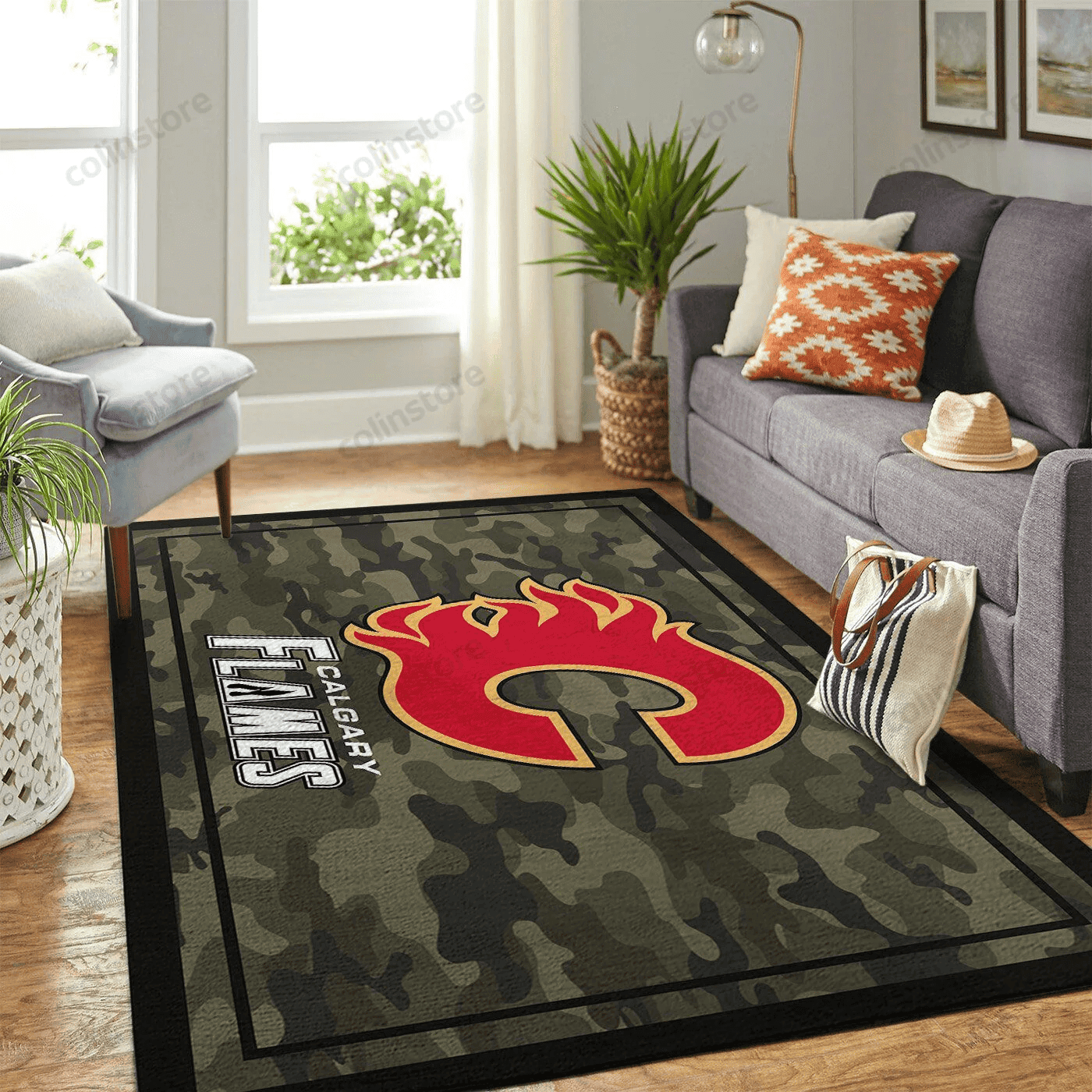 Calgary Flames Team Logo Rectangle Area Rug – Full Print Carpet For Living Room & Bedroom Home Decor