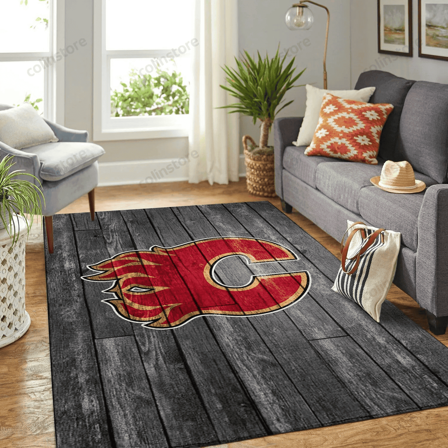 Calgary Flames Team Logo Rectangle Area Rug – Full Print Carpet For Living Room & Bedroom Home Decor