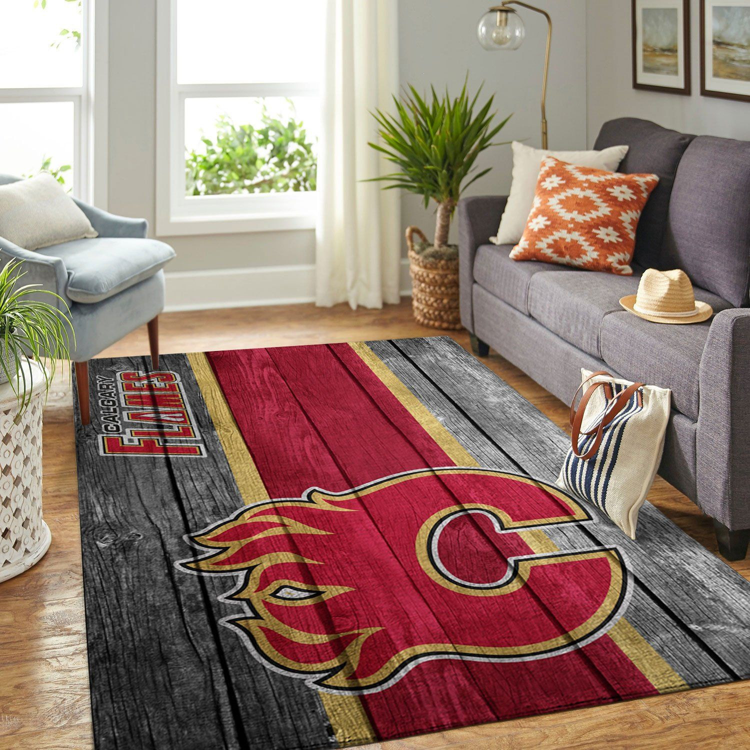 Calgary Flames Team Logo Wooden Rectangle Area Rug – Full Print Carpet For Living Room & Bedroom Home Decor