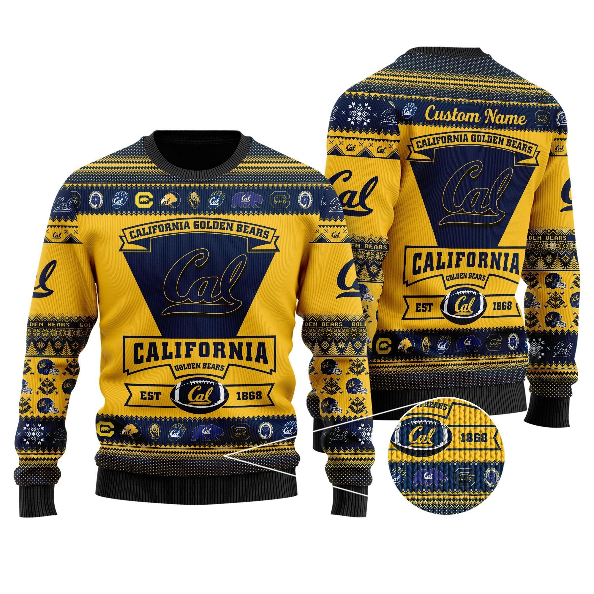 California Golden Bears Football Team Logo Custom Name Personalized Ugly Christmas Sweater Holiday Party Men Women Plus Size