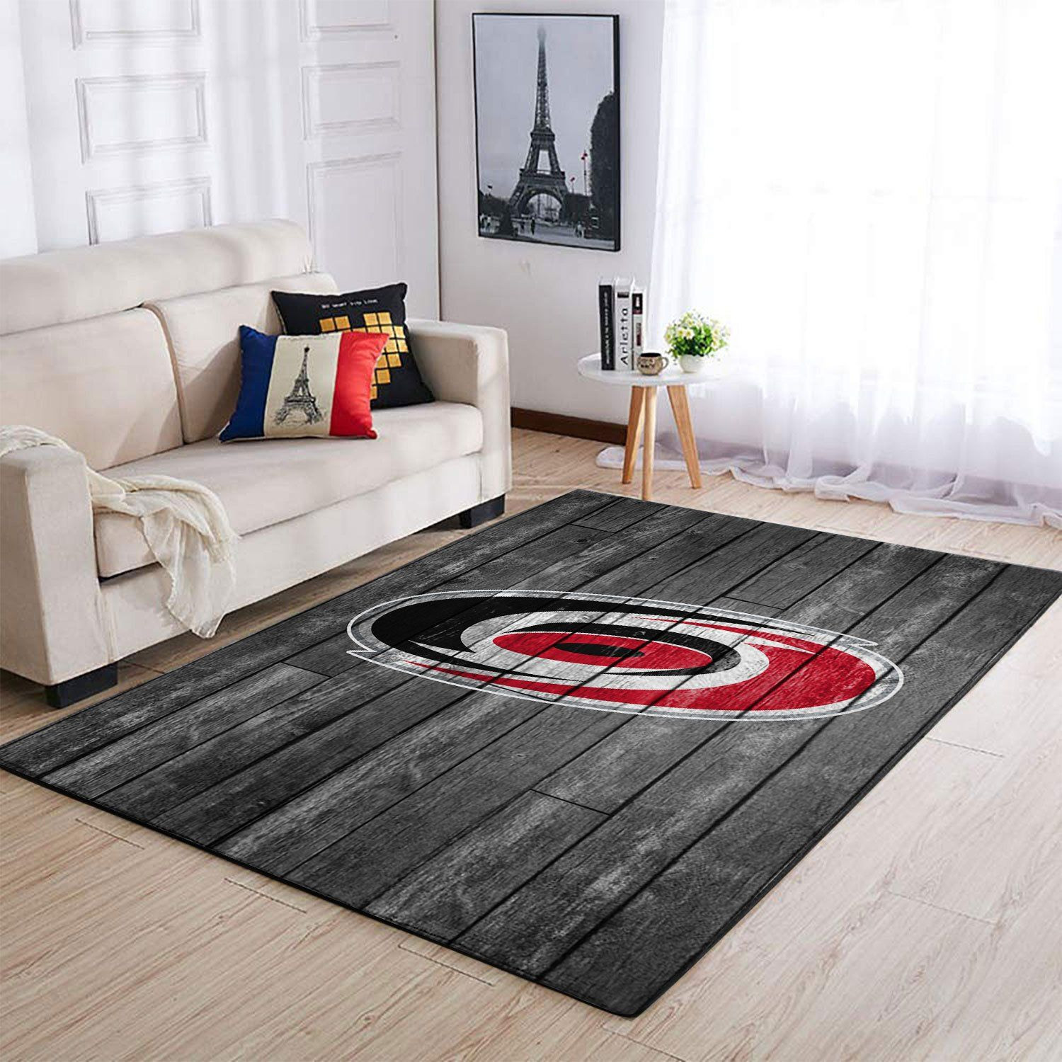 Carolina Hurricanes Team Logo Grey Wooden Rectangle Area Rug – Full Print Carpet For Living Room & Bedroom Home Decor