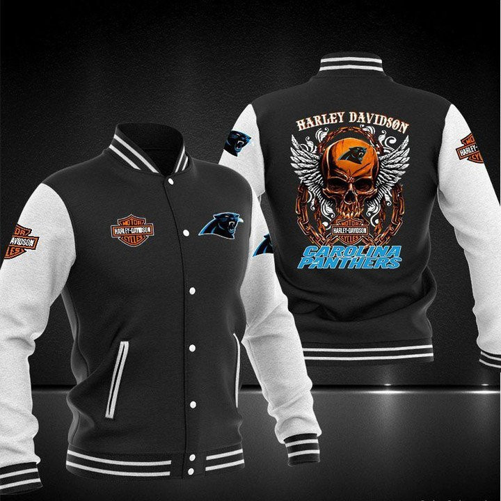 Carolina Panthers Black Skull Varsity Baseball Jacket for Men & Women | NFL Team Fan Gift