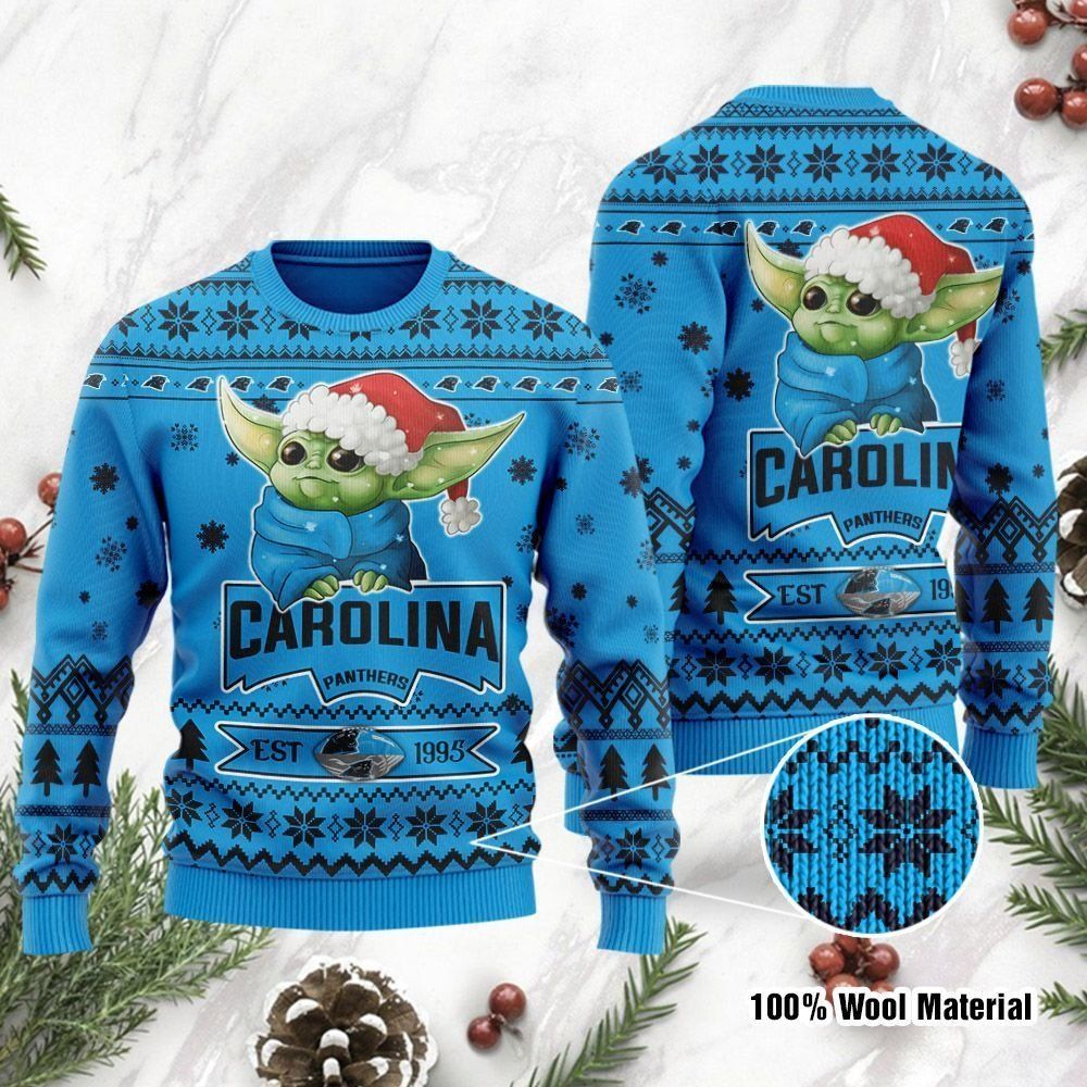 Carolina Panthers Cute Baby Yoda Grogu Ugly Christmas Sweater Holiday Party Men Women Full Plus Size