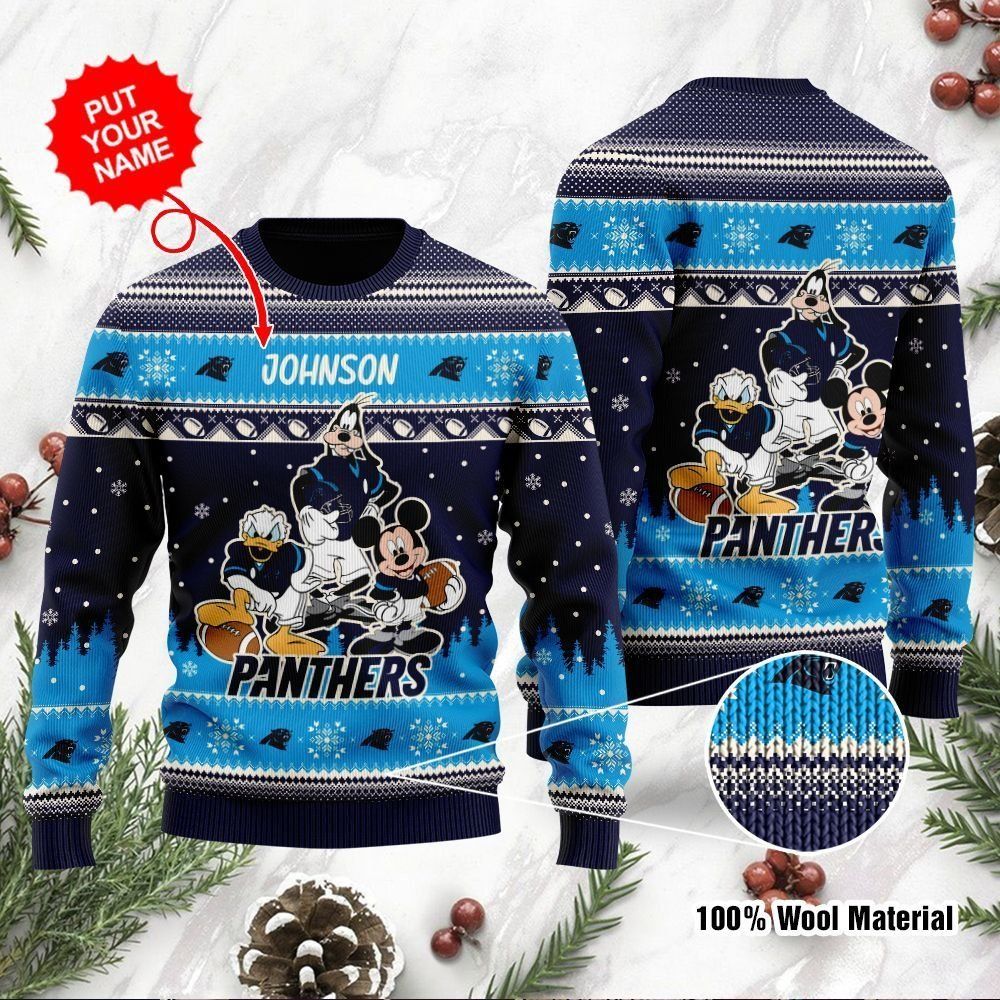 Carolina Panthers Disney Donald Duck Mickey Mouse Goofy Custom Name Personalized Ugly Christmas Sweater Holiday Party For Men Women