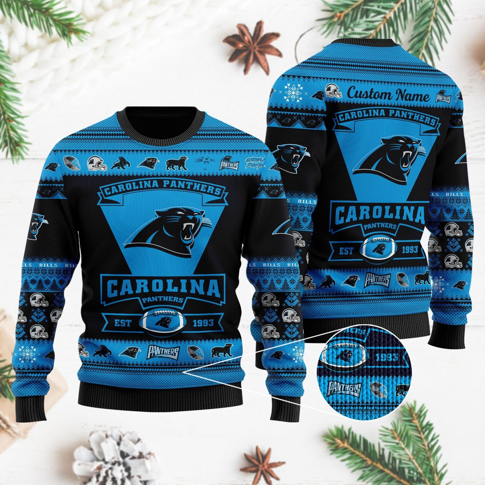 Carolina Panthers Football Team Logo Custom Name Personalized Ugly Christmas Sweater Holiday Party Men Women Plus Size