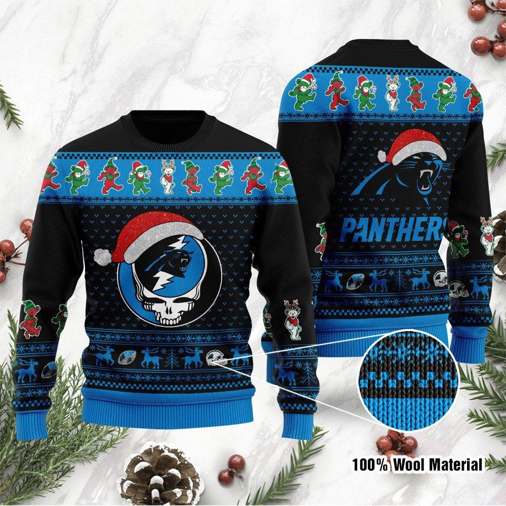 Carolina Panthers Grateful Dead SKull And Bears Custom Name Ugly Christmas Sweater NFL Football Christmas