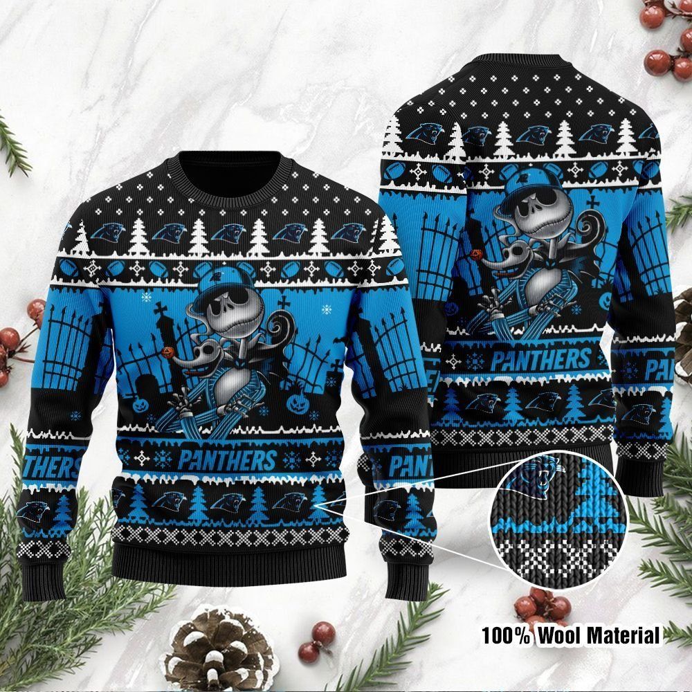 Carolina Panthers Jack Skellington Halloween Ugly Christmas Sweater Holiday Party Men Women Full Plus Size