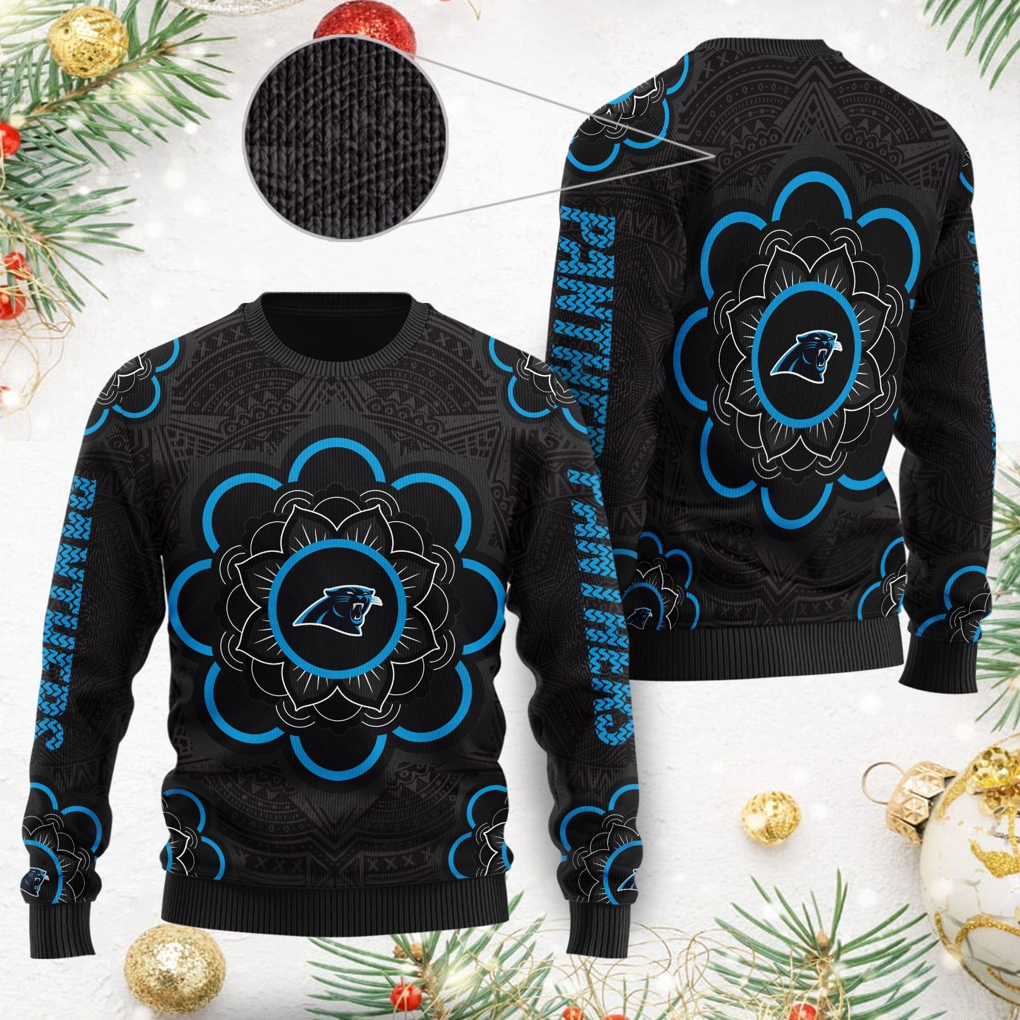 Carolina Panthers Mandala Logo Ugly Christmas Sweater NFL Football Fans On Xmas