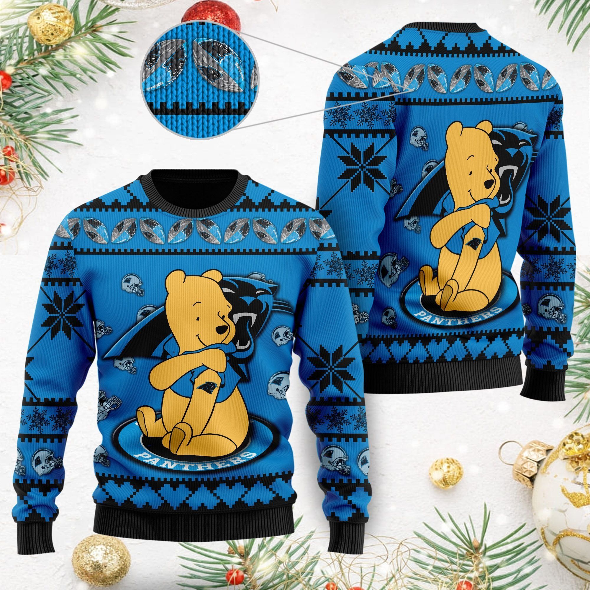 Carolina Panthers NFL American Football Team Logo Cute Winnie The Pooh Bear 3D Ugly Christmas Sweater