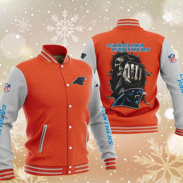 Carolina Panthers Orange Skull Varsity Baseball Jacket for Men & Women | NFL Team Fan Gift