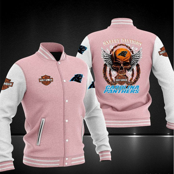 Carolina Panthers Pink Skull Varsity Baseball Jacket for Men & Women | NFL Team Fan Gift