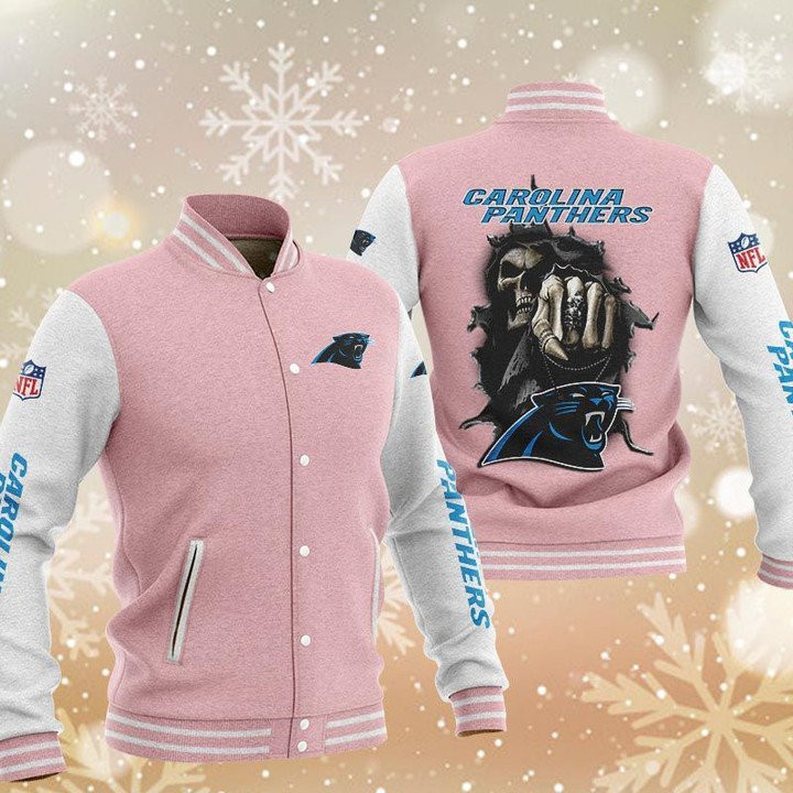 Carolina Panthers Pink Skull Varsity Baseball Jacket for Men & Women | NFL Team Fan Gift