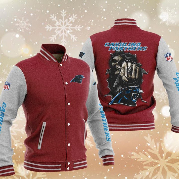 Carolina Panthers Red Skull Varsity Baseball Jacket for Men & Women | NFL Team Fan Gift
