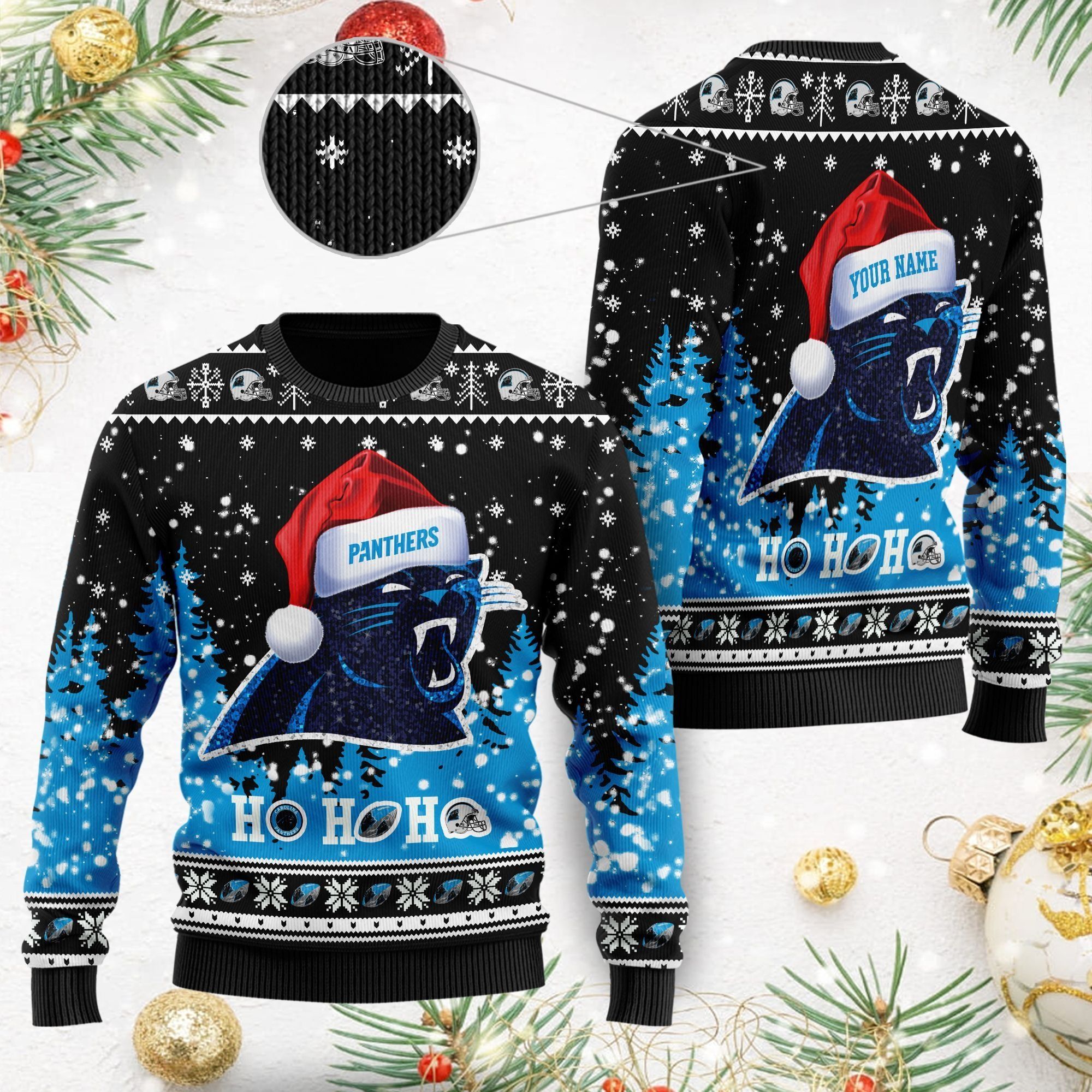 Carolina Panthers Symbol Wearing Santa Claus Hat Cute Pattern Ho Ho Ho Custom Personalized Ugly Christmas Sweater For Football Fans On Xmas Party