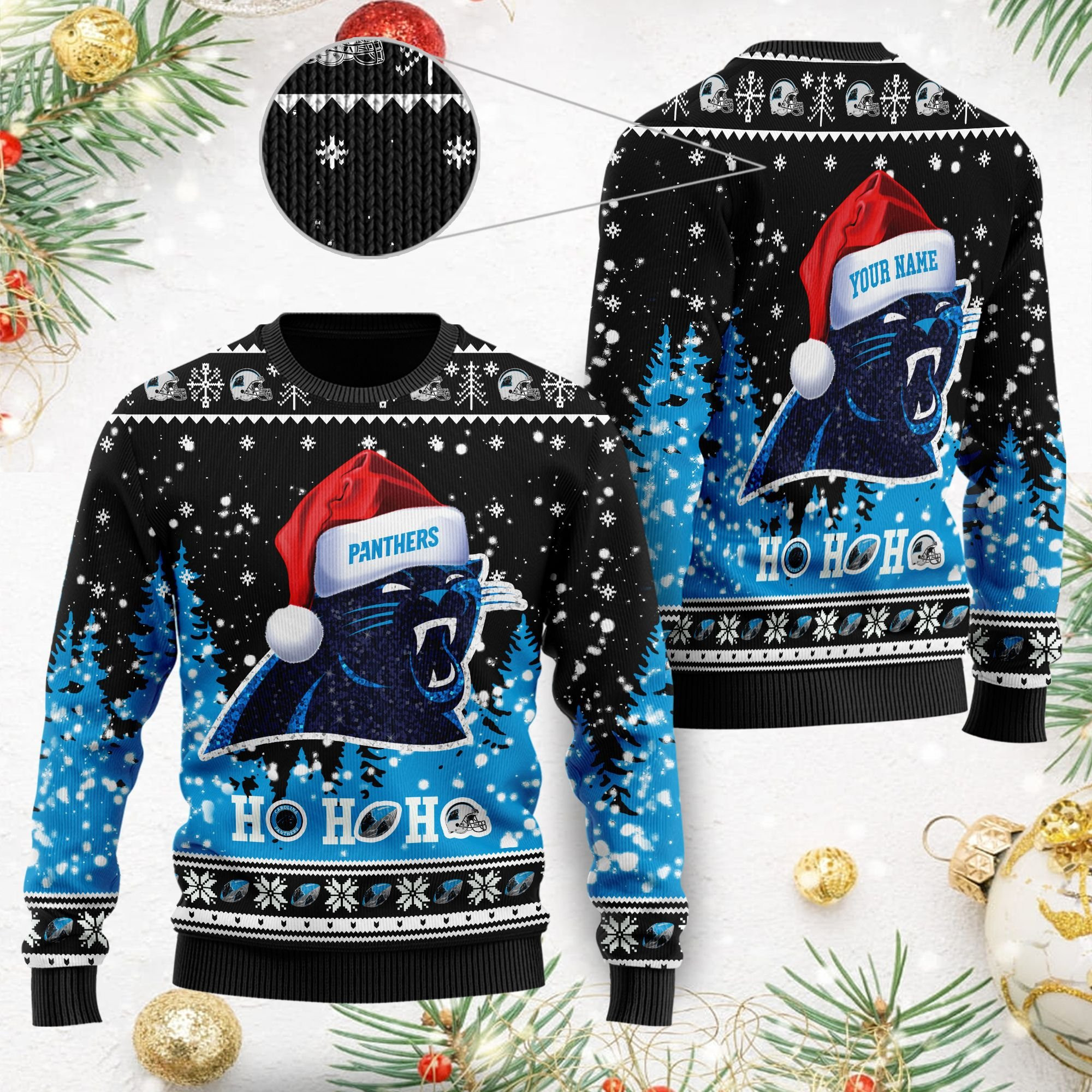Carolina Panthers Symbol Wearing Santa Claus Hat Ho Ho Ho Custom Personalized Ugly Christmas Sweater Perfect Holiday Gift