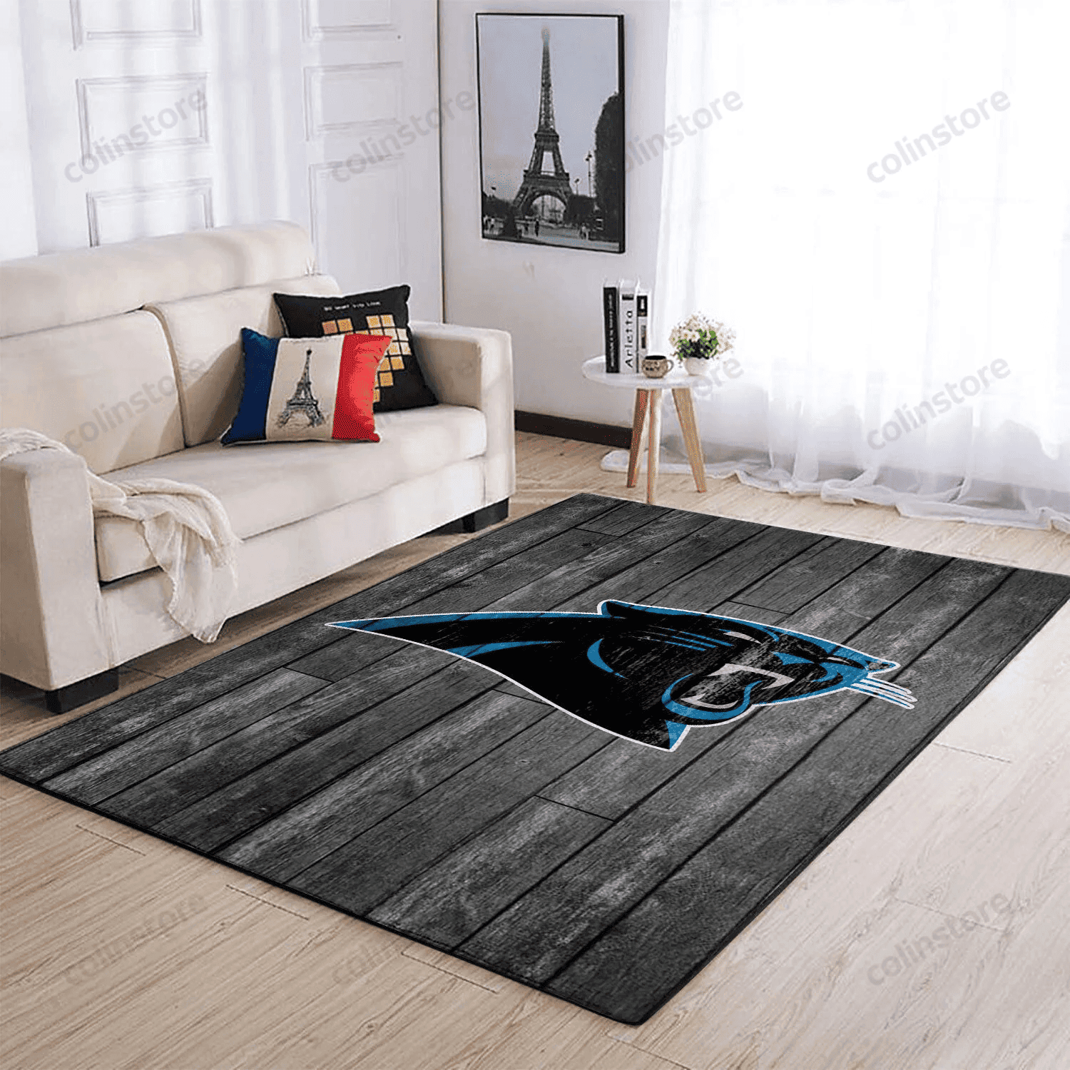 Carolina Panthers Team Logo Grey Wooden Rectangle Area Rug – Full Print Carpet For Living Room & Bedroom Home Decor