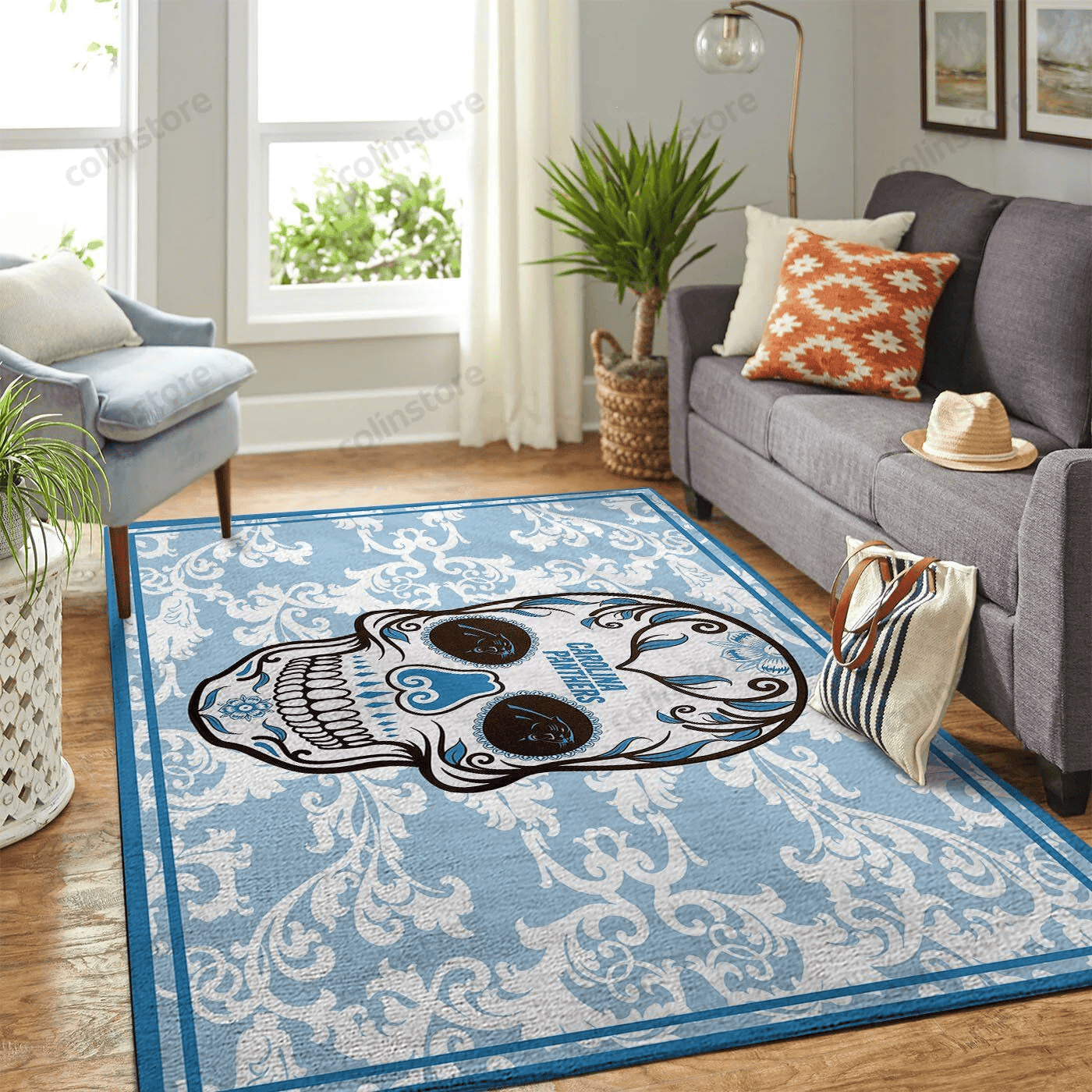 Carolina Panthers Team Logo Skull Flower Rectangle Area Rug – Full Print Carpet For Living Room & Bedroom Home Decor