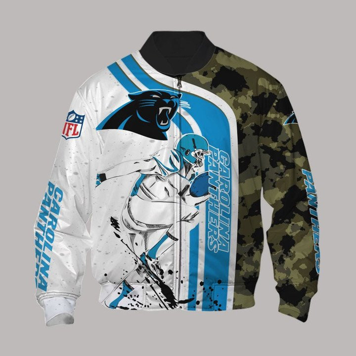 Carolina Panthers White Blue Camo Bomber Jacket | NFL Team Jacket for Men & Women | Football Fan Gift