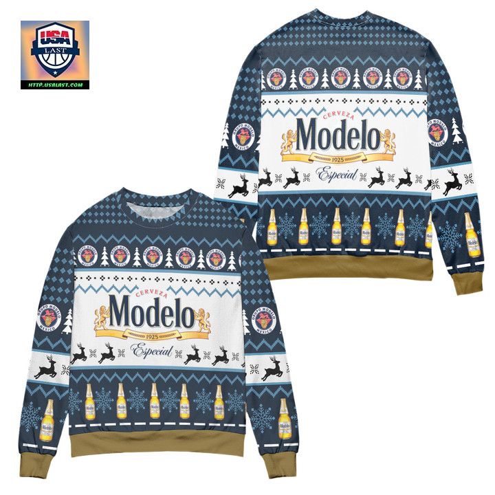 Cerveza Modelo Since 1925 Reindeer Pattern Ugly Christmas Sweater White Blue