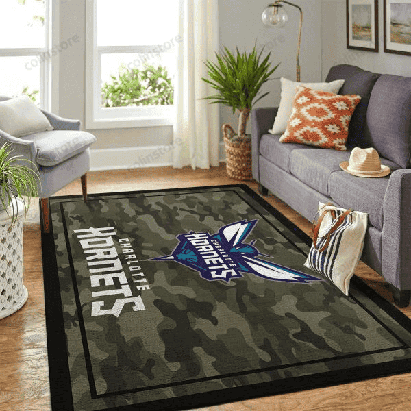 Charlotte Hornets Team Logo Camo 3D Rectangle Area Rug – Full Print Carpet For Living Room & Bedroom Home Decor