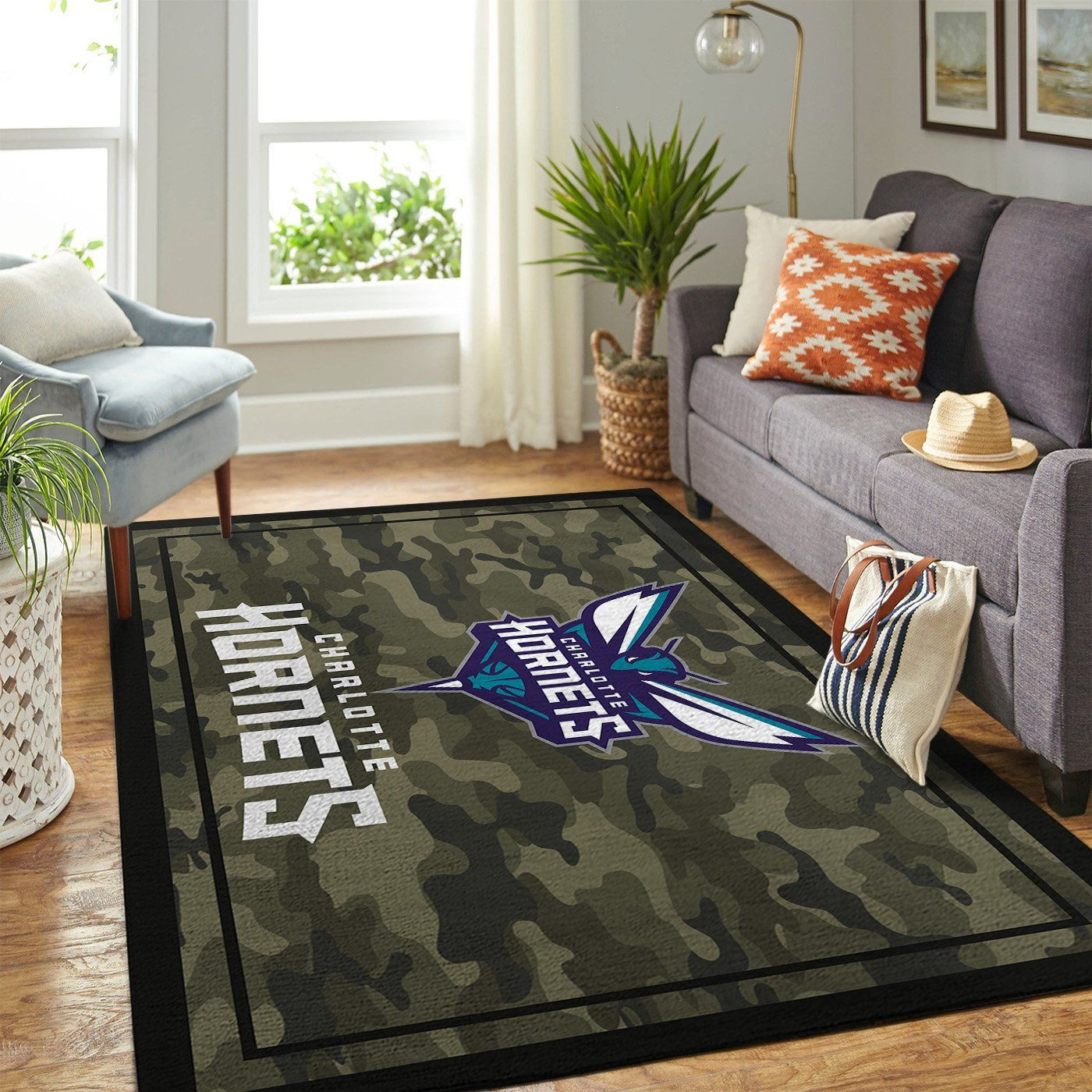 Charlotte Hornets Team Logo Camo Rectangle Area Rug – Full Print Carpet For Living Room & Bedroom Home Decor