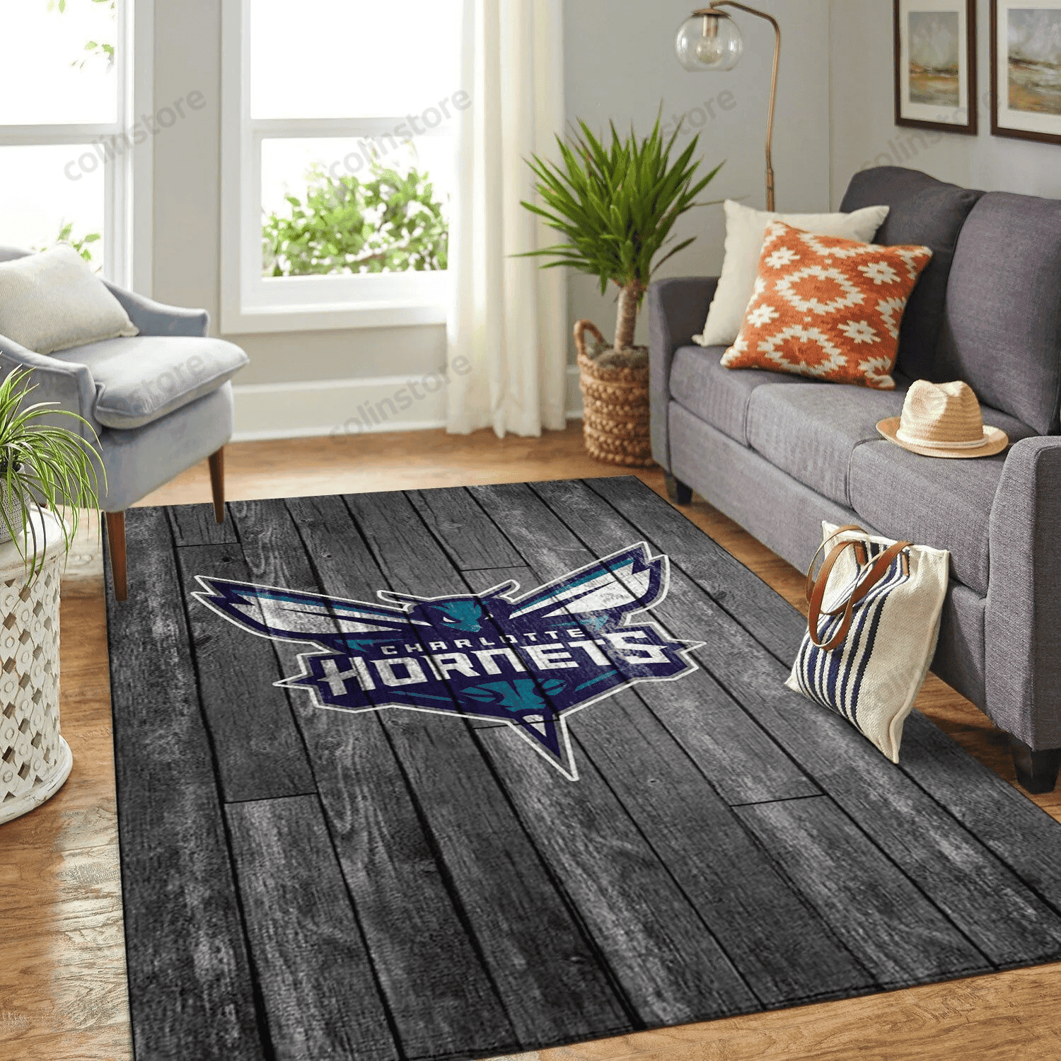 Charlotte Hornets Team Logo Grey Wooden Rectangle Area Rug – Full Print Carpet For Living Room & Bedroom Home Decor