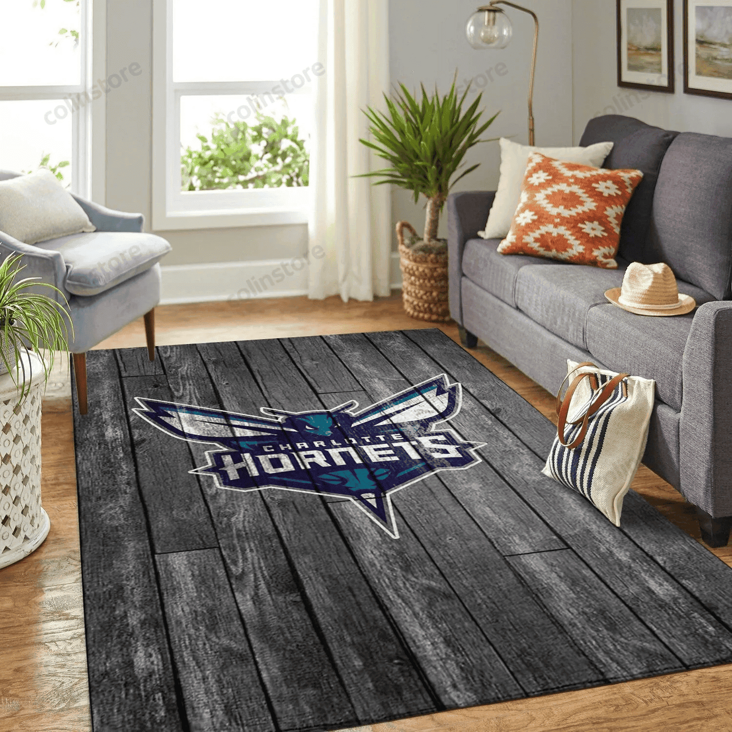 Charlotte Hornets Team Logo Grey Wooden Style 3D Rectangle Area Rug – Full Print Carpet For Living Room & Bedroom Home Decor